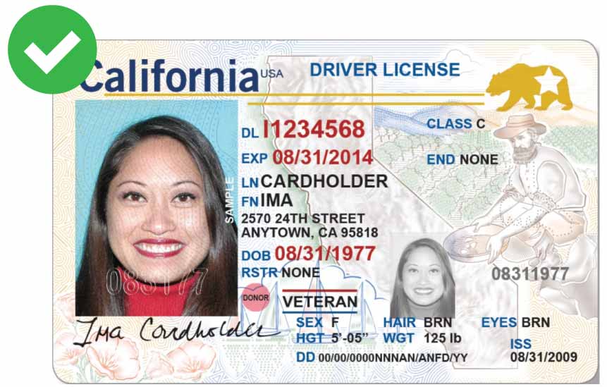 A California state driver license sample with a check mark  indicating a valid form of identification.