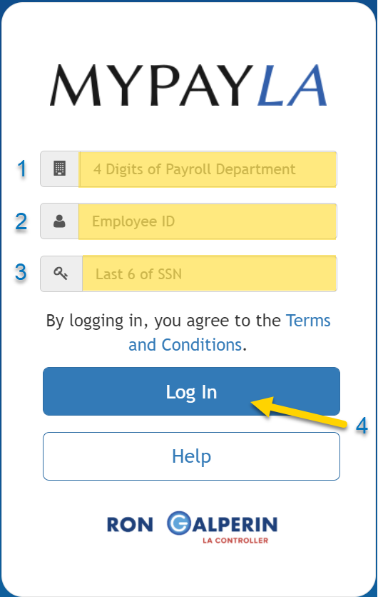 A screenshot of a login portal which displays 3 form fields; 4 digits of payroll department, employee ID, and last 6 of SNN. It also has a "log in" and "help" buttons. The screenshot is numbers so that the user knows to fill in the form fields first then click on "Log in". 
