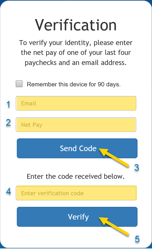 A screenshot of an alternative verification page for logging into MyPayLA using personal email. The screenshot reads "To verify your identity, please enter the net pay of one of your last four paychecks and an email address.". The screen shot also displays a form, with three fields, the first two fields are for "Email" and "Net Pay", followed up by a button that reads "Send Code", then the last field is for "Enter verification code", followed up by a button that reads "Verify". 