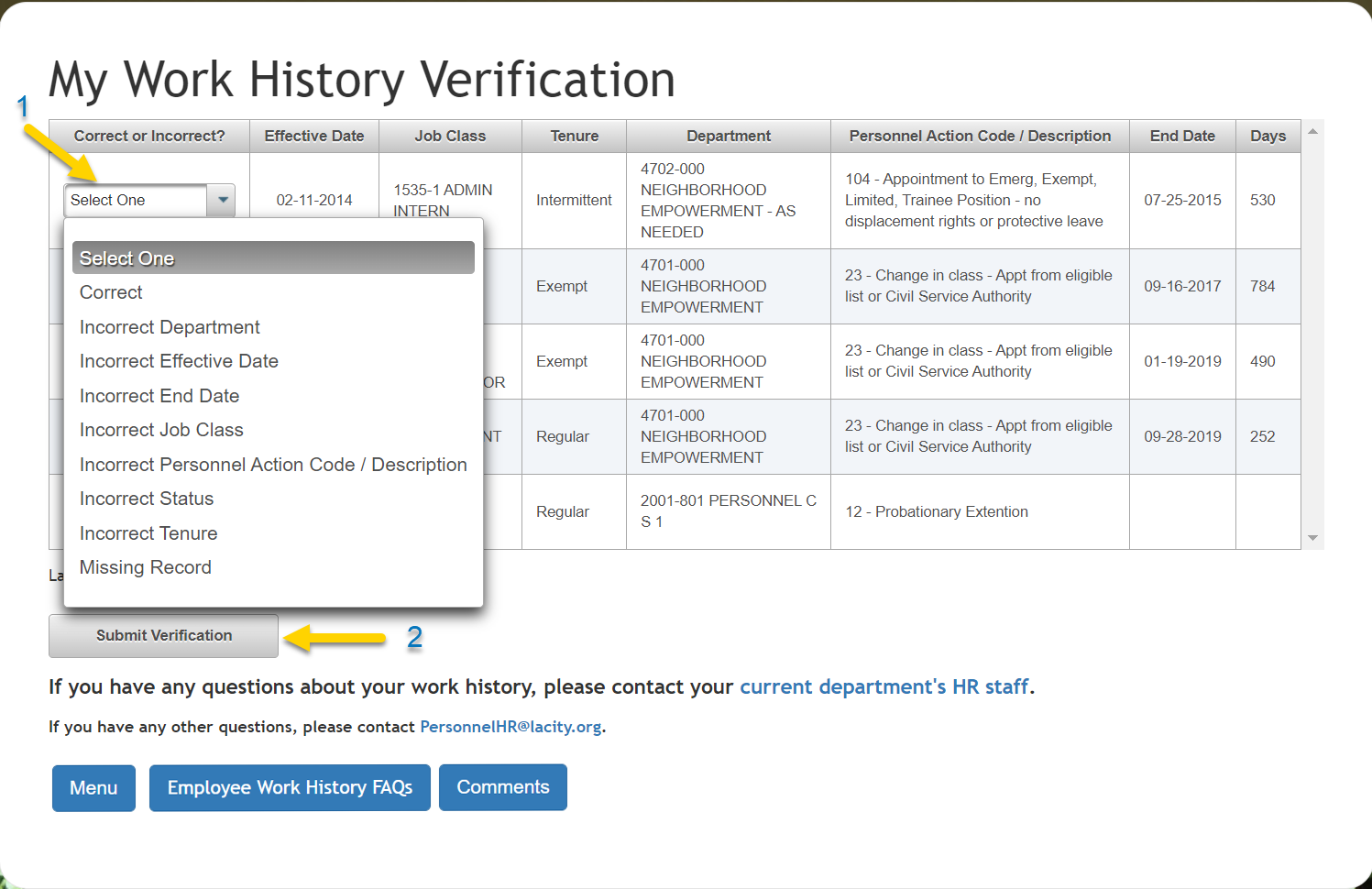A screenshot of Work History showing how to select whether the work history is correct or not.